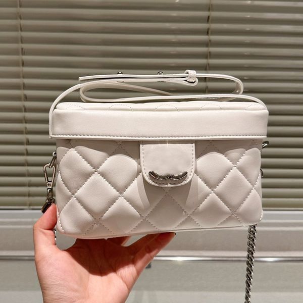 

calfskin leather women designer vanity box bag silver metal hardware chain square cosmetic case purse cross body shoulder handbag adjustable