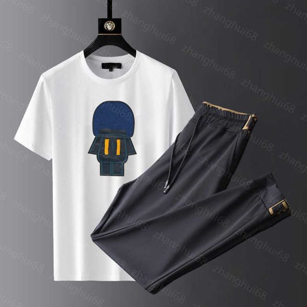 

23ss mens designer tracksuit mens tracksuit round neck pure cotton robot towel embroidery logo short sleeve t-shirt ribbon stitching pants s, Gray