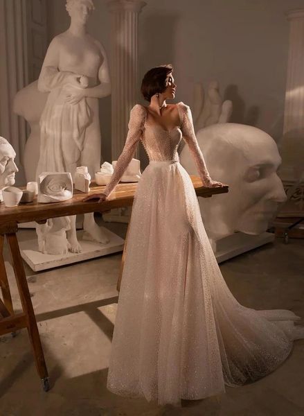 

shiny sweetheart princess wedding dress long sleeve beading glitter sequined tulle boho bridal gowns 2023 vestidos de novia, White