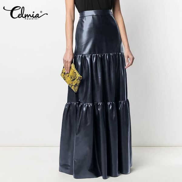 

capris women leather maxi skirts celmia 2023 autumn pu fashion party solid office ladies skirt casual cake high waist elegant bottoms, Black;white