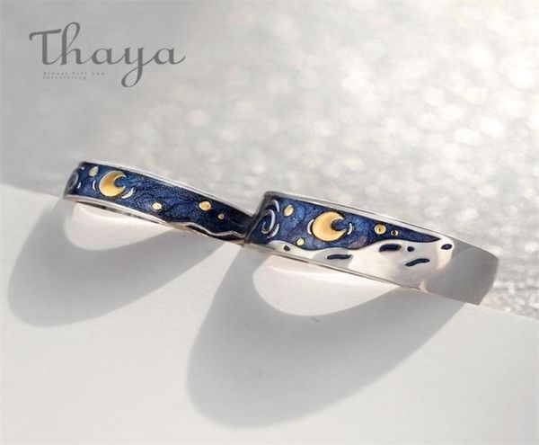 

thaya van gogh039s enamel couple rings sky star moon s925 silver glitter rings engagement ring wedding jewelry for women 2202165367162, Slivery;golden