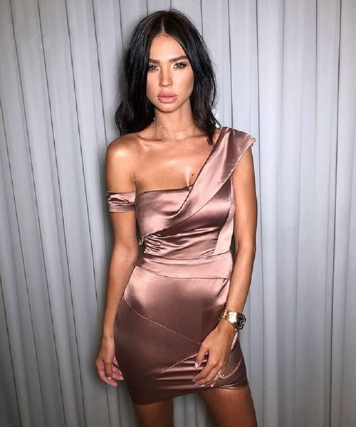 

2023 cocktail dress one shoulder sheath formal party dress simple ladies satin robe de cocktail plus size, Black