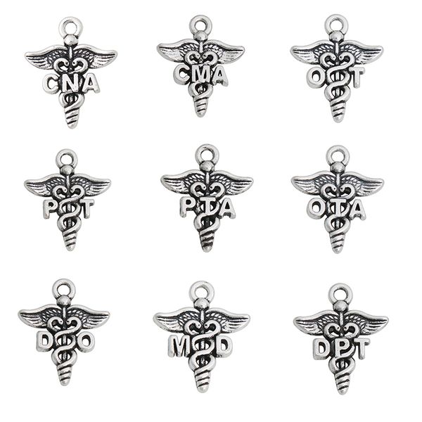 

fashion alloy cna cma da ma pn pa lpn lvn pt pta ot ota dnp dpt md do medical symbol charms 19*23mm, Bronze;silver