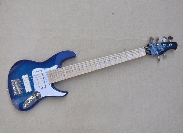 

6 strings blue electric bass guitar with quilted maple veneer maple fretboard