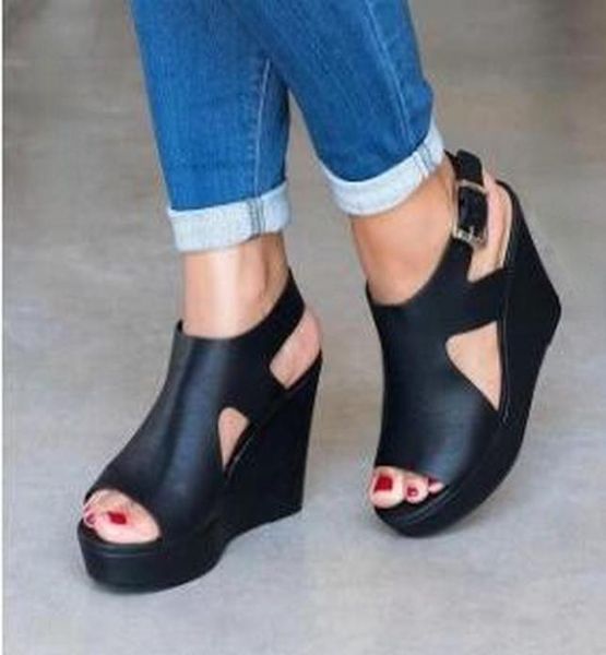 

sandals summer women039s fashion casual beach pu wedges heel platform shoes female buckle straps open toe comfortable classic3776673, Black