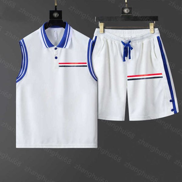 

23ss mens designer tracksuit mens tracksuit color matching striped lapels red white and blue stripes vest elastic waist shorts set men clot, Gray