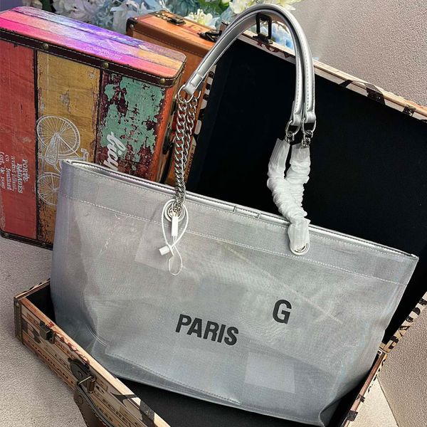 

large capacity women handbag mesh transparent tote bag inclined shoulder bag commuter bag stamping letters hollow chain design leather botto
