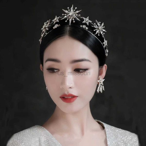 

other fashion accessories vintage european 6point star wedding crown tiaras gold color rhinestone diadem princess women headband bridal hair, Silver