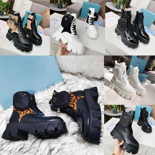 

fashion womens casual ankle boots pocket black and white khaki leopard roman boots thick sole elevated martin boots