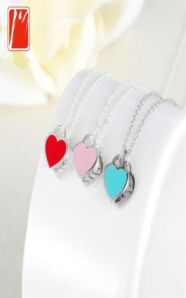 

925 sterling silver plated necklace pendant fashion double heart bead chain pendants red blue selection for women gift2065403