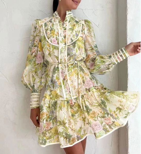 

2023 designer dress women clothing print dress design sense niche french bubble sleeve princess floral women dresses, Black;gray