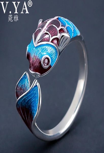 

vya retro vintage 925 sterling silver fish ring ethnic carp enameling open rings elegant female jewelry y11288611365, Golden;silver