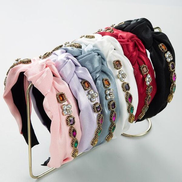 

fashion headband for women shining pearls rhinestone hairband center knot luxurious turban party hair accessories, Slivery;white