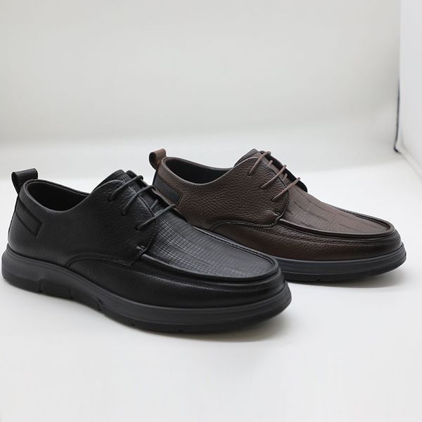 

casual shoes leather shoes men's layer cowhide 2023 spring breathable soft, Black