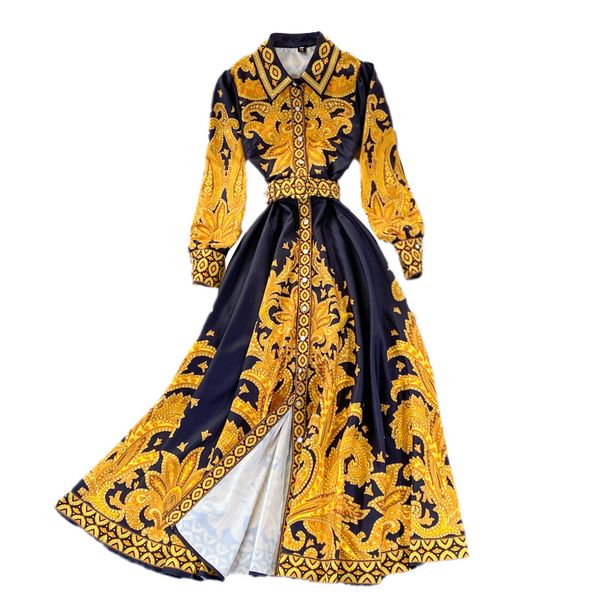 

retro palace style printed light luxury style polo a-line dress women long lantern sleeve buttons down golden flower print elegant belt part, Black;gray