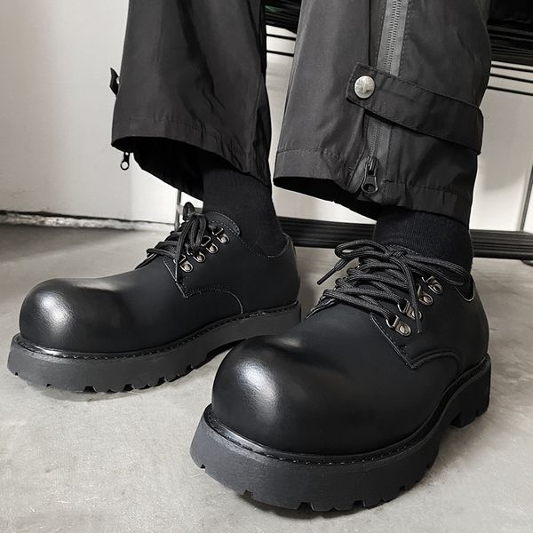 

black thick heel mens derby shoes fashion genuine leather lace up platform shoes