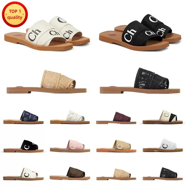 

sandals designer woody womens mules flat slides light tan beige white black pink lace lettering fabric canvas slippers for women summer outd
