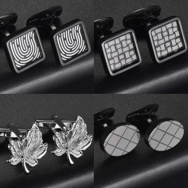 

cuff links new luxury black and white men's high-quality fingerprints leaves silver square shirt cufflinks g220525