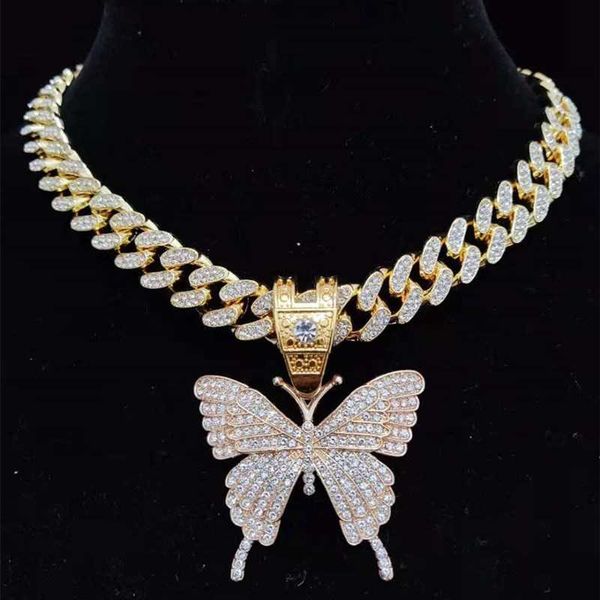 

men women hip hop iced out bling butterfly pendant necklace with 13mm width cuban chain hiphop necklaces fashion charm jewelry, Silver