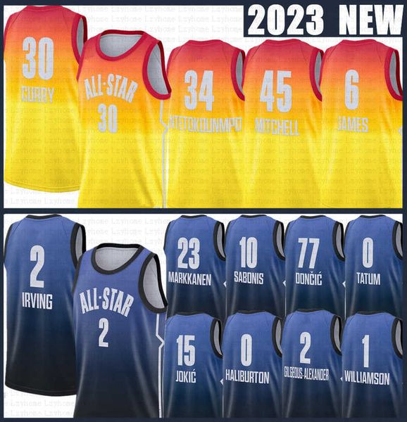 

custom 2023 all-star basketball jerseys antetokounmpo stephen curry lauri markkanen tatum ja morant luka doncic kyrie irving keven durant do, Black;red
