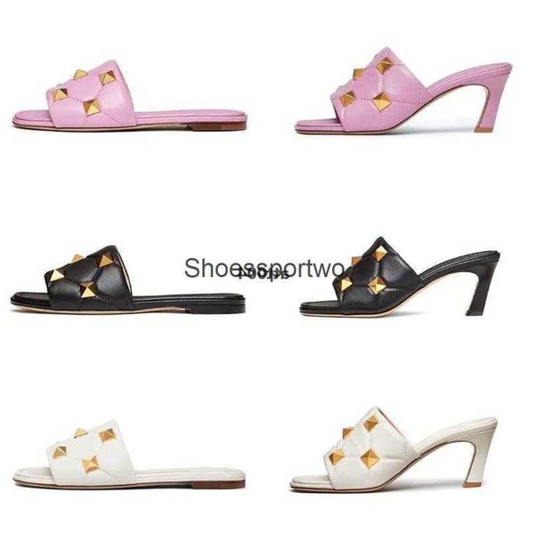 

women slide roman stud sandal high heel quilted rivet slides 65mm flat slippers ladies sheepskin su xyo i4v8, Black