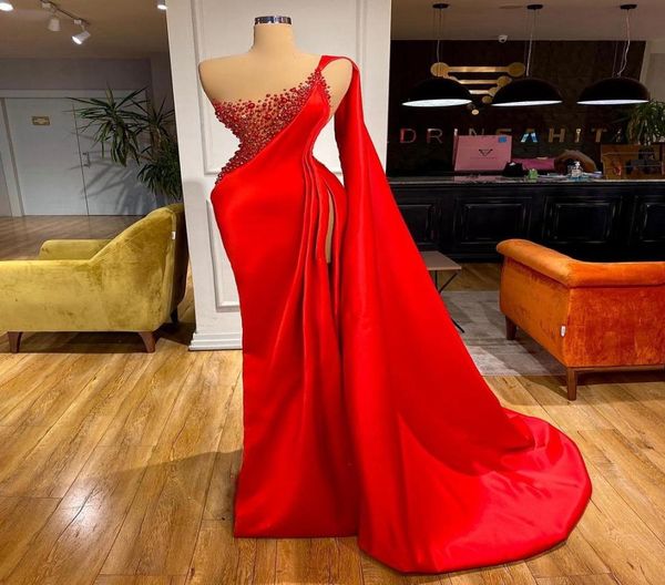 

elegant one shoulder red prom dresses pearls beaded side split long evening gowns plus size mermaid pageant dress9449451, Black;red