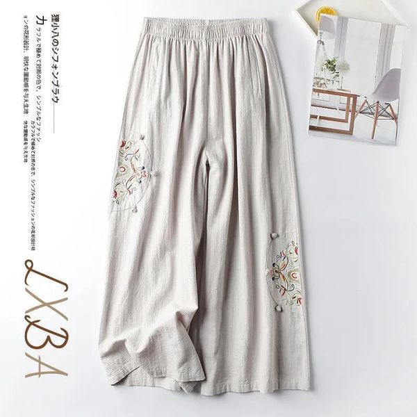 

capris 2022 summer cotton linen thin casual pants women's pants retro harajuku embroidered wideleg pants vintage ankle length trousers, Black;white