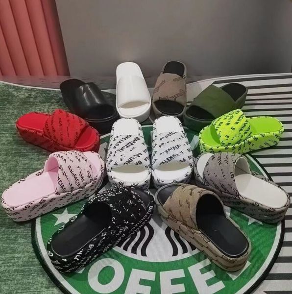 

23ss women designer slippers canvas embroidered letter thick sole ladies scuffs slippers female beach shoes home outdoor slides slippers san, Black
