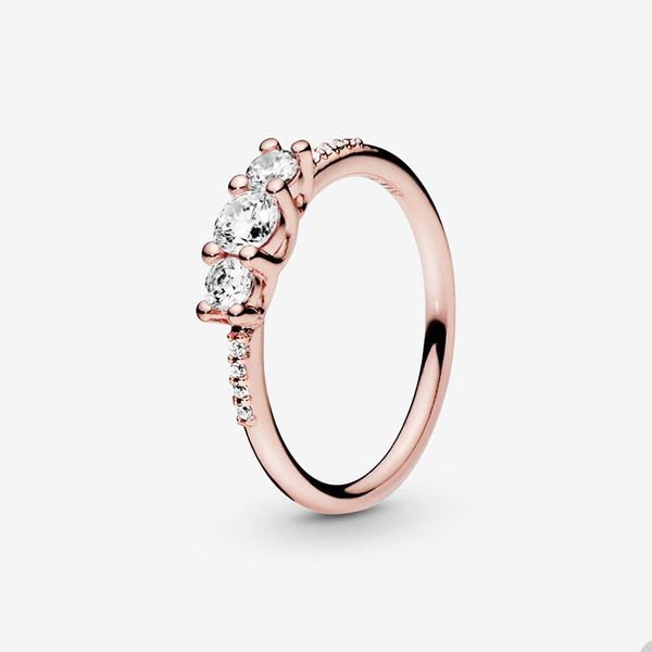 

luxury 18k rose gold stacking rings for pandora clear three-stone ring set designer jewelry for women girls 100% 925 sterling silver party r, Slivery;golden