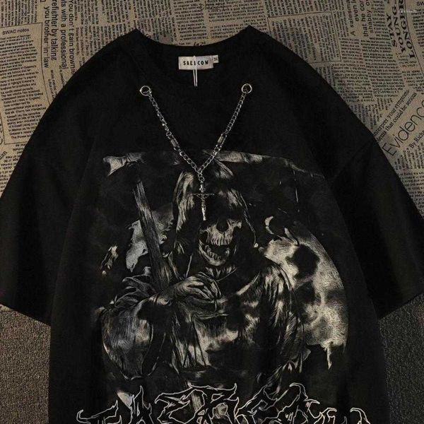 

men's t shirts european and american fashion brand dark black skull necklace short sleeve t-shirt men women ins street style hiphop y2k, White;black