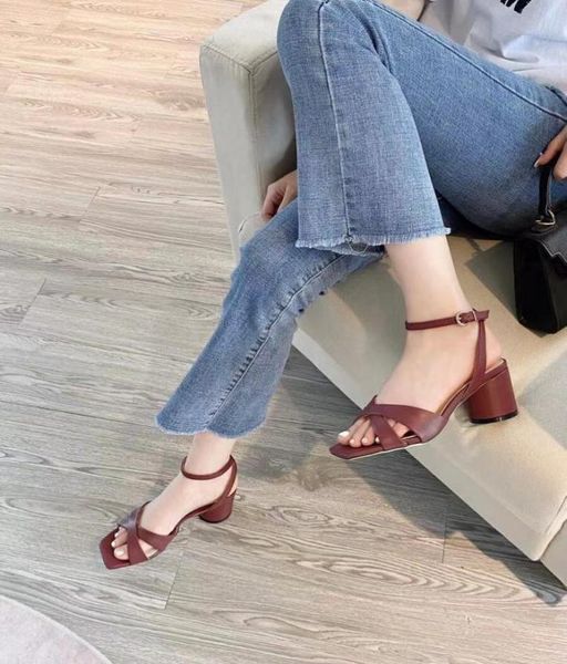 

stylishbox y21052101 34 blackwhitebeigeburgundy sandals cross strap genuine leather calf skin chunky kitten hee7896015, Black