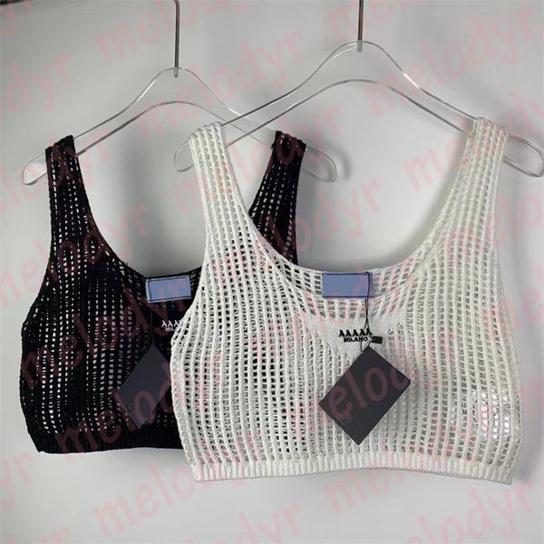 

hollow vest summer women short tank letter print sleeveless knits crop top, White