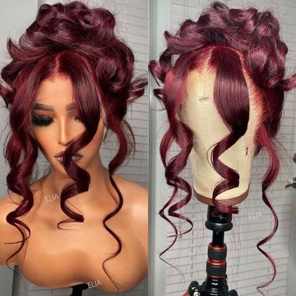 

Brazilian Wine Burgundy Red Lace Front Wig 360 Lace Frontal Human Hair Wig Transparent HD Lace Body Wave Synthetic Wig for Women Preplucked, Pink color