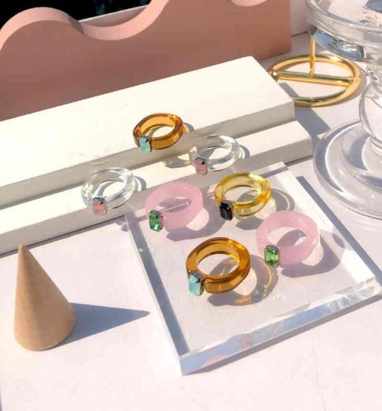 

huanzhi 2021 transparent acrylic colorful rectangle rhinestone minimalist geometry rings for women girls jewelry5533209, Silver