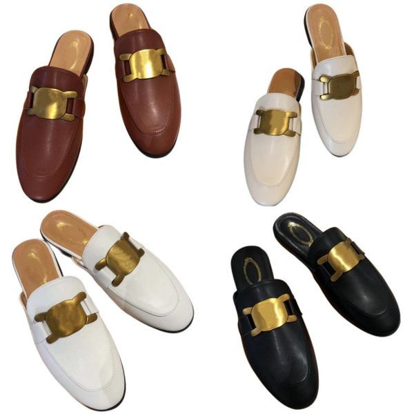 

summer women's slippers metal buckle designer shoes 5a leather loafers flat heel half slippers lightweight scuffs baotou moccasins lett, Black