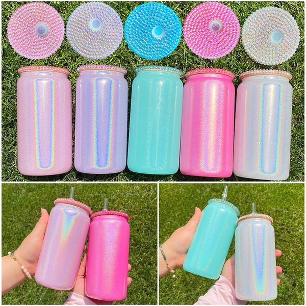 

sublimation 16oz shimmer glitter glass can with bling lids shape bottle with lid and straw summer drinkware mason jar juice cup z11