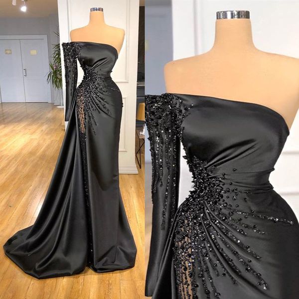 

gorgeous mermaid prom dresses strapless pleats beads high waist backless side split court gown custom made plus size party dress vestido de, Black