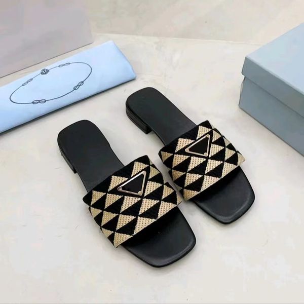 

designer slides scuffs women embroidered fabric slippers metallic slide sandals luxury letter brief sandal triangle chunky heels fashion sum, Black