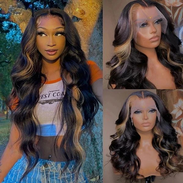 

Long Body Wave Highlights Blonde Wig 13x4 Lace Front Human Hair Wig Transparent Lace Wigs Synthetic for Black Women with Baby Hair, Dark brown