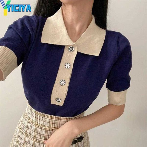

yiciya women's t shirts korean striped knitting women turn down collar chic single breasted tshirts patchwork slim elegant casual tees, White