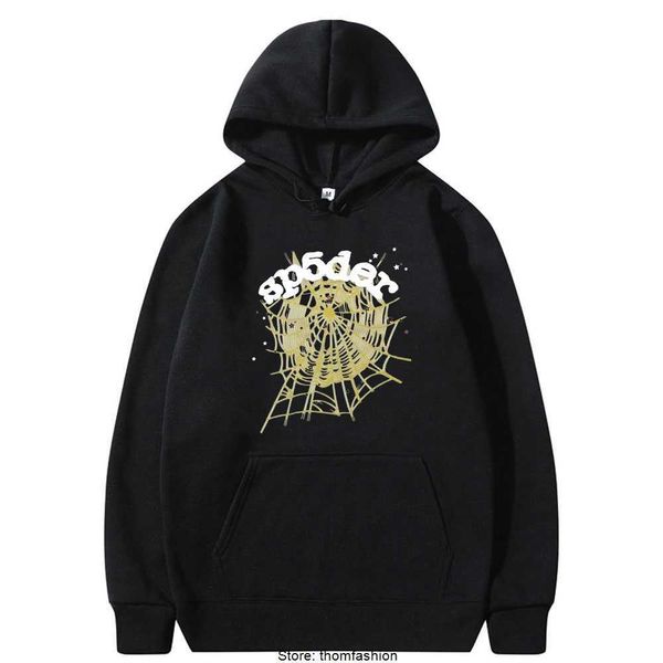 

men's sp5der 555555 angel number pattern hoodie man cotton hooded pullover coat fashion streetwear men women spider web print hoodies, Black