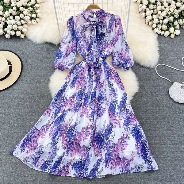 

2023 summer light mature style light luxury temperament bow tie up waist slim 7/4 sleeve a-line chiffon dress, Black;gray
