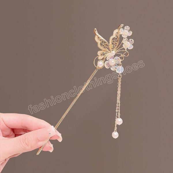

vintage chinese style hair stick tassels pearls hairpins elegant butterfly flower hair pins clip summer accessories gifts, Slivery;white