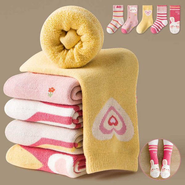 

socks 5 pairs of winter children's cotton girls boys babies fashionable cute cartoons thick and warm soft socks for students aged 1-3-5, Pink;yellow