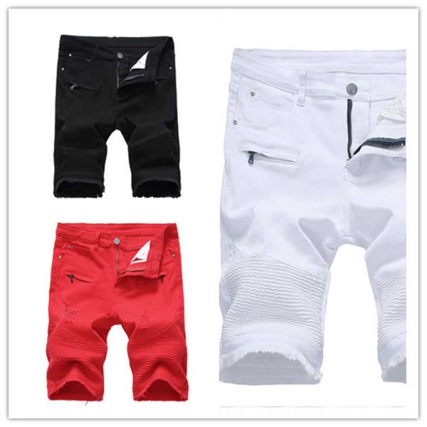 

new arrivals mens designer biker jeans mens pleated ripped jean shorts five-point stretch straight motorcycle holes pants us uk size, Blue
