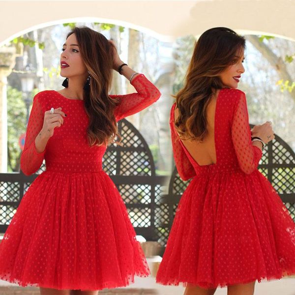 

dresses women backless red lace dress long sleeve o neck wave point short a line dress female party dresses vestidos autumn elegant, Black;gray