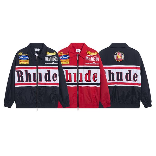 

Los Angeles Rhude Letter Embroidery Banner Small Lapel Zipper Varsity Jacket Men, Red