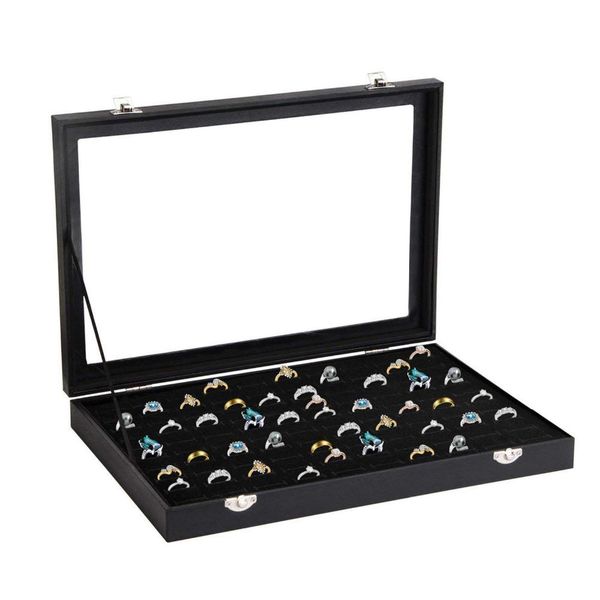 

boxes ring case 100 slots ring box organizer holder jewelry display storage collector earring showcase ring tray gift portable box, Black;white