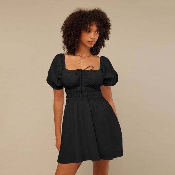 

2023 summer new product womens a-line dress big square collar lantern high waist slimming skirt for girls black red blue purple apricot colo, Black;gray