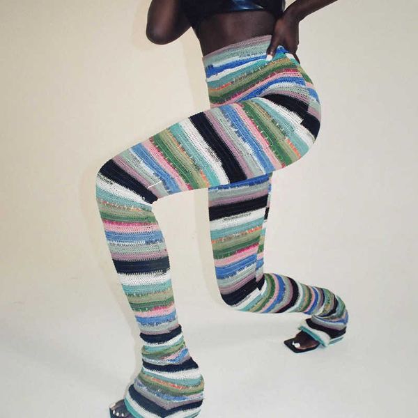 

knitted striped sports casual pants spring women's high-waisted fashionable slim pants, Black;white